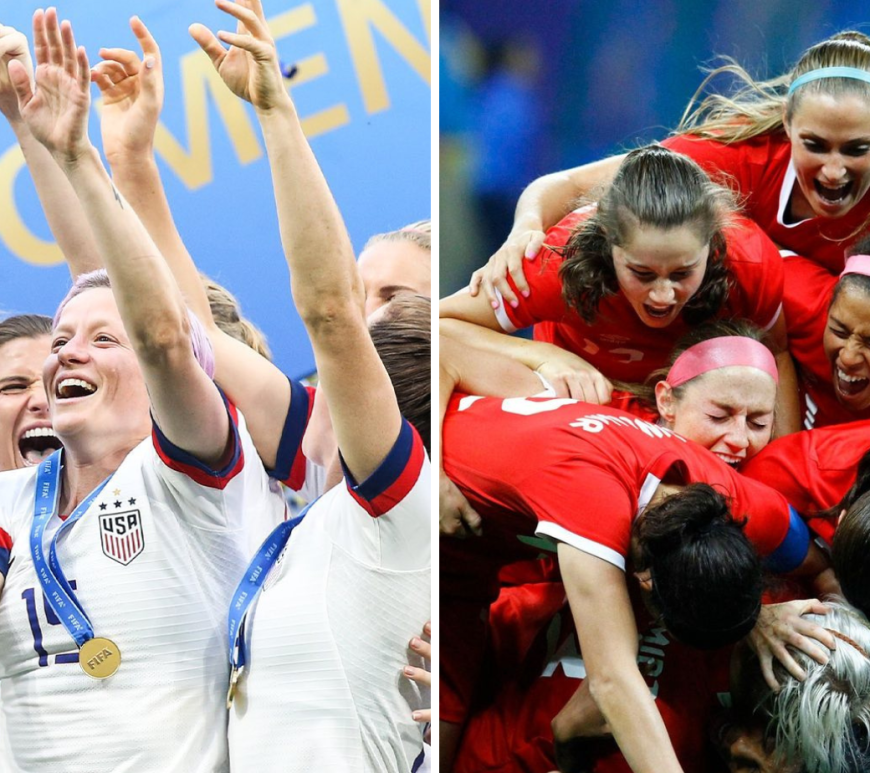 Colagem de duas fotos. Na da esquerda, jogadoras da seleção feminina de futebol dos Estados Unidos comemoram o título da Copa do Mundo de 2019; à direita, jogadoras canadenses comemoram gol