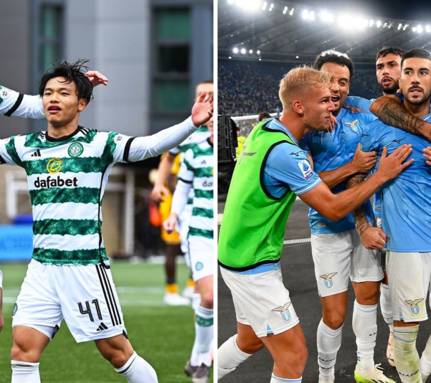 Colagem de fotos. À esquerda, jogadores do Celtic celebram gol; à direita, os da Lazio fazem o mesmo